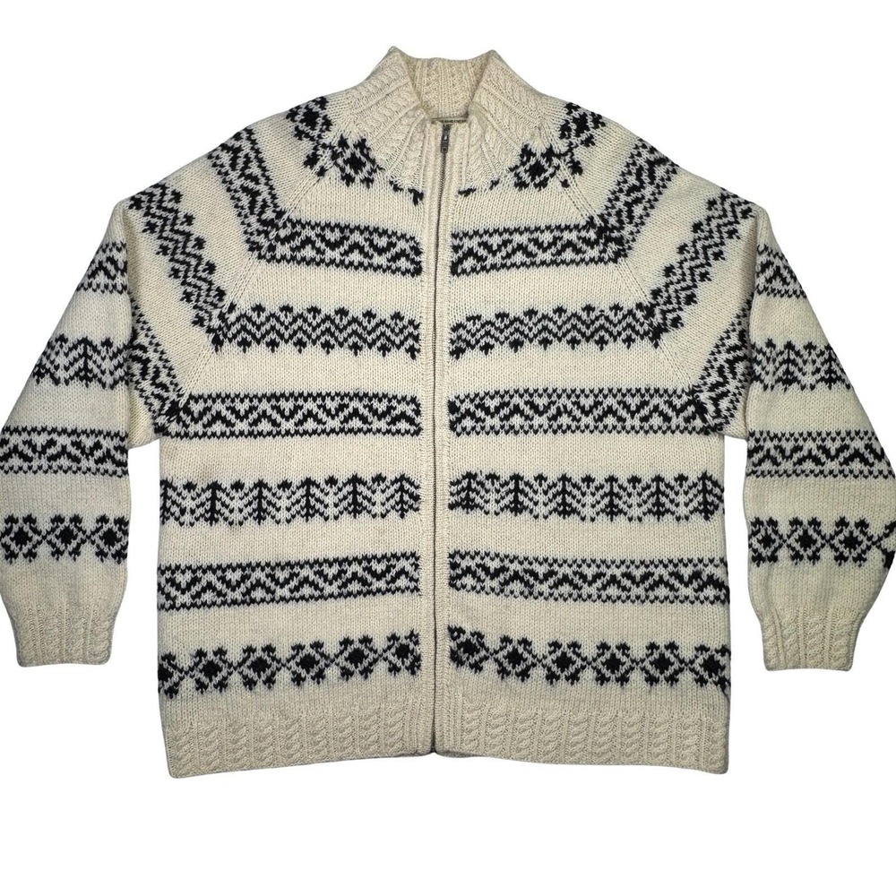 Vtg Jones New‎ York Country Hand Knit 100% Wool Zip Sweater Nordic Fair Isle L